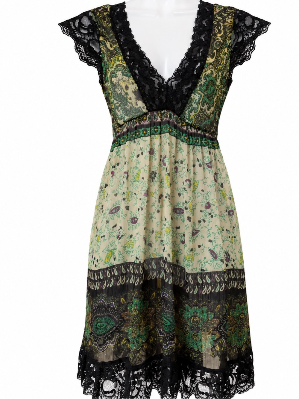 bebe Space Black Trim Green Paisley V-Neck Mini Dress
